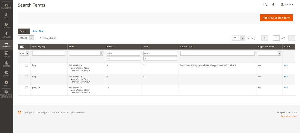 Magento 2 search terms