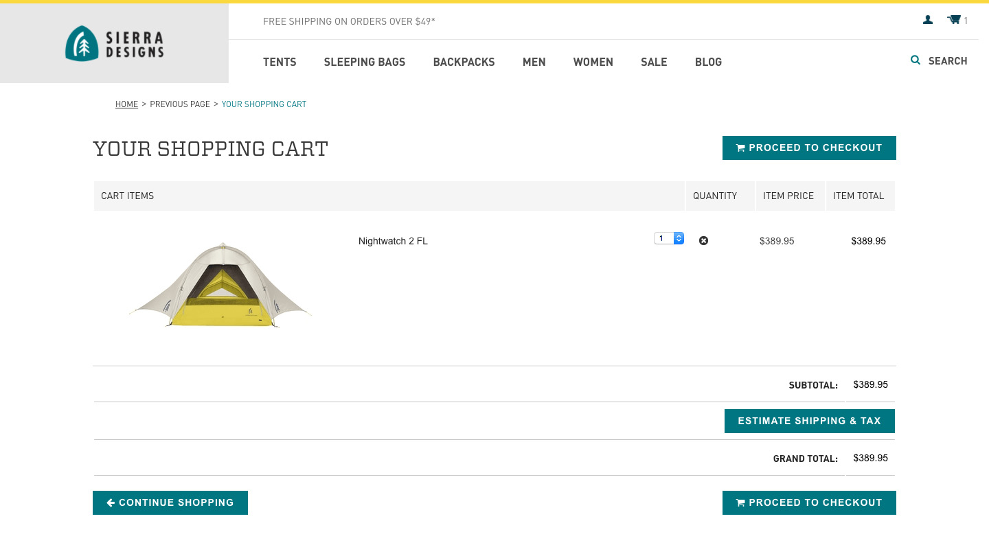 E-commerce Checkout Optimization Example by Sierra Designs