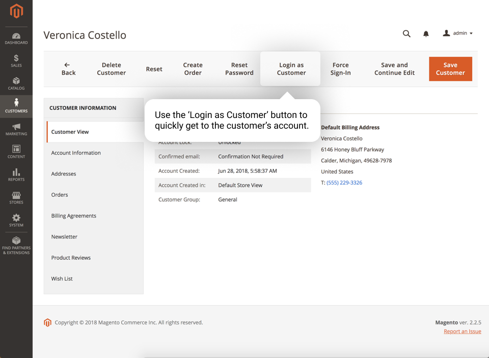 click the 'login as customer' button to visit any account