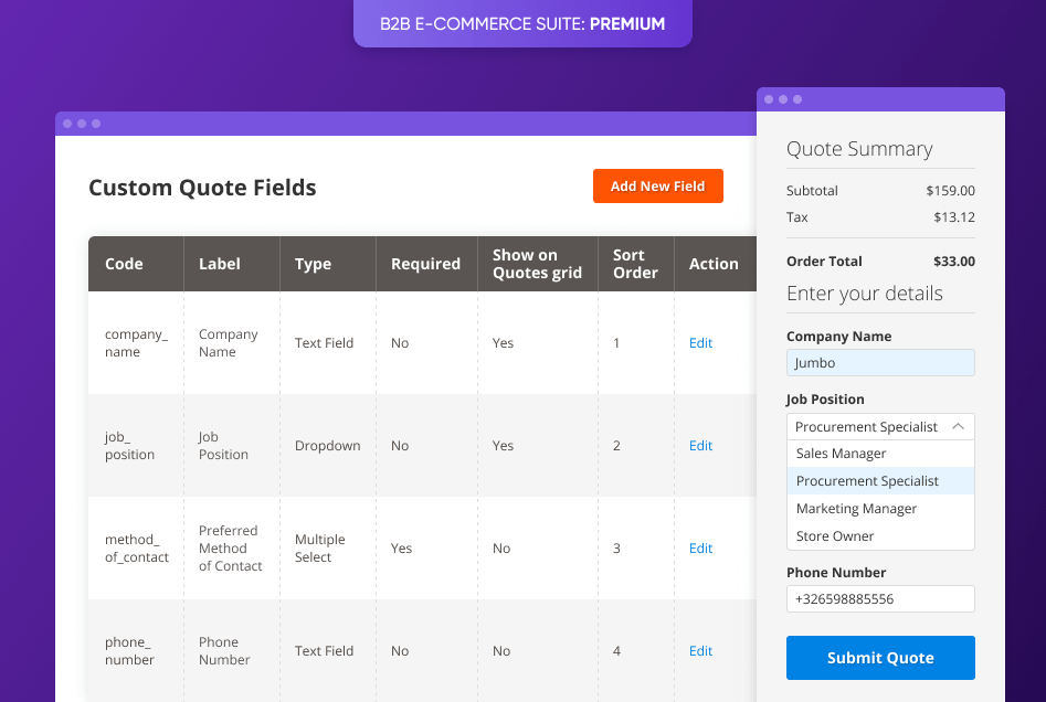b2b quotes custom fields