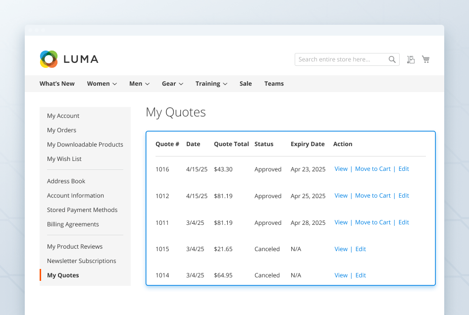 quotes grid in customer account